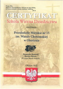 Certyfikat "Szkoła wierna dziedzictwu"