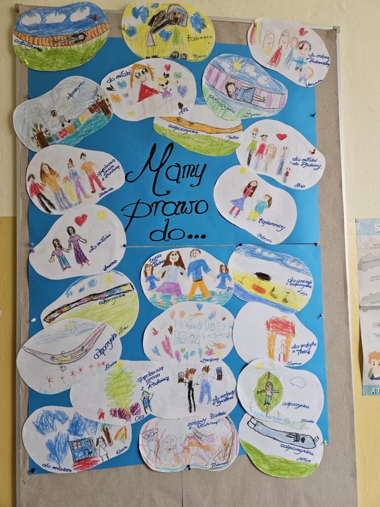 Na zdjęciu widać plakat - na niebieskim tle przedstawione są ilustracje wybranych praw dziecka - rysunki wykonane są przez dzieci. Zobrazowane prawa to np prawo do wypoczynku (dzieci na hamaku), prawo do spędzania czasu z rodziną, prawo do tajemnicy itp.