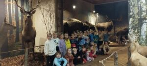 Na zdjęciu widać grupę dzieci pozującą na tle wystawy Muzeum Przyrody, gdzie na ekspozycji ustawione są jelenie, żubry i łoś.